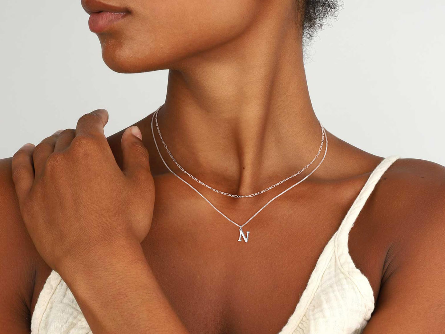 MBW Silver Initial Necklaces for Women, 14K Layered Initial Pendant Necklace Dainty Silver Figaro Choker Name Monogram Necklaces