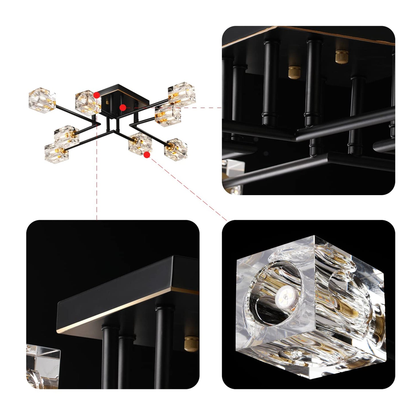 OKES 8-Lights Semi Flush Mount Ceiling Light Fixture,Black and Gold Modern Crystal Chandeliers,Farmhouse Lighting Fixtures for Dining Room Living Room Kitchen Bedroom Entryway