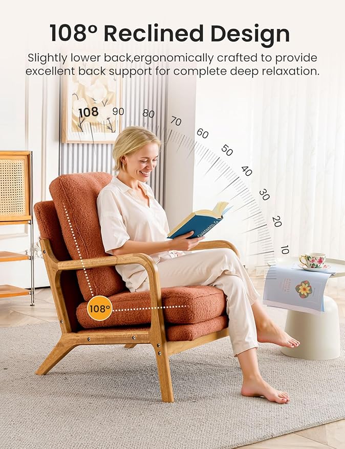 Mid Century Modern Accent Chairs for Living Room, 23” Wide Comfy Chair for Bedroom, Small Cozy Sherpa Reading Chairs for Adults, 108° Lounge Arm Chair Indoor with Detachable Cover, 5.5" Foam Cushion