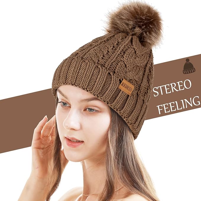REDESS Women Winter Pompom Beanie Hat with Warm Fleece Lined, Thick Slouchy Snow Knit Skull Ski Cap