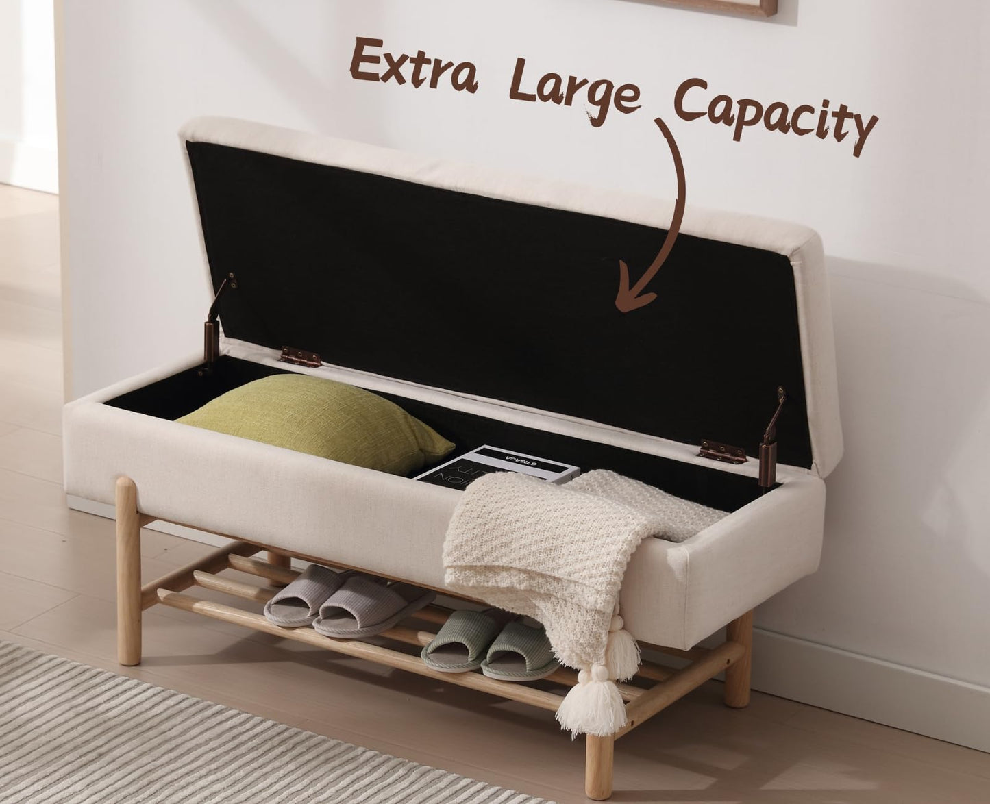 CIMOTA Entryway Storage Bench for Bedroom Upholstered End of Bed Ottoman Bench with Wood Shoe Storage for Living Room/Hallway/Under Window/Corner, 45 Inches, Linen Beige