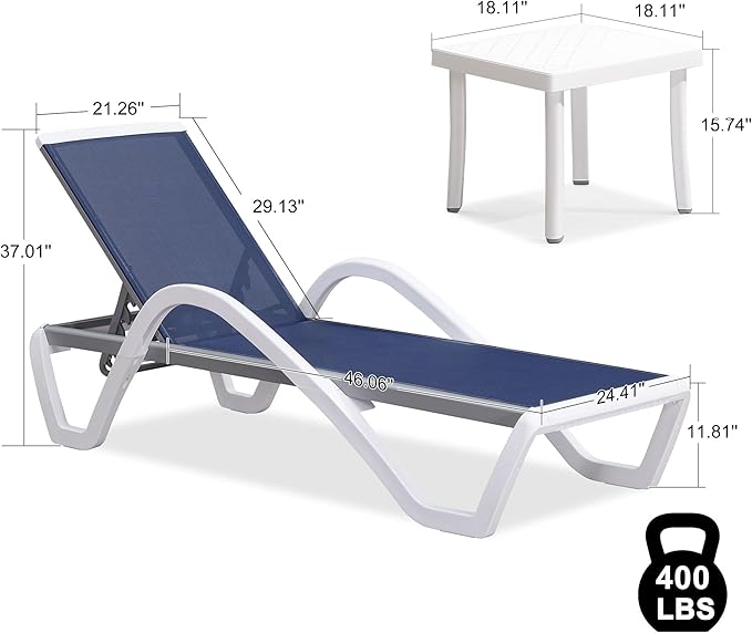 PURPLE LEAF Patio Chaise Lounge Chair Set of 3 Outside Aluminum Plastic Stackable Tanning Chairs with Armrests and Side Table for Pool Sunbathing Beach Deck Outdoor Lounger, Navy Blue