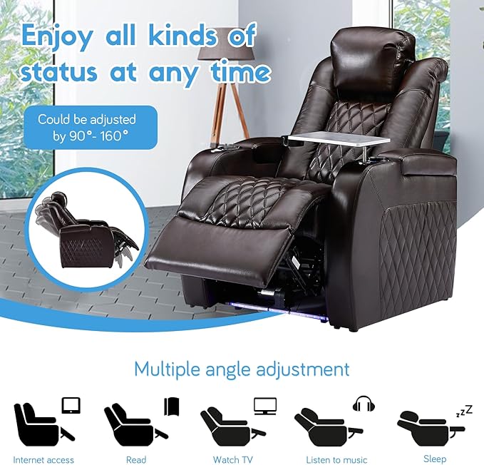 Weilianda Home Theater Seating Top Grain Leather Zero Gravity Recliner Chair Power Headrest Recline Movie Seat Gaming 7 Colors Mood Light Sofa with Tray Table USB Charge Row of 4 Loveseat Middle Brown