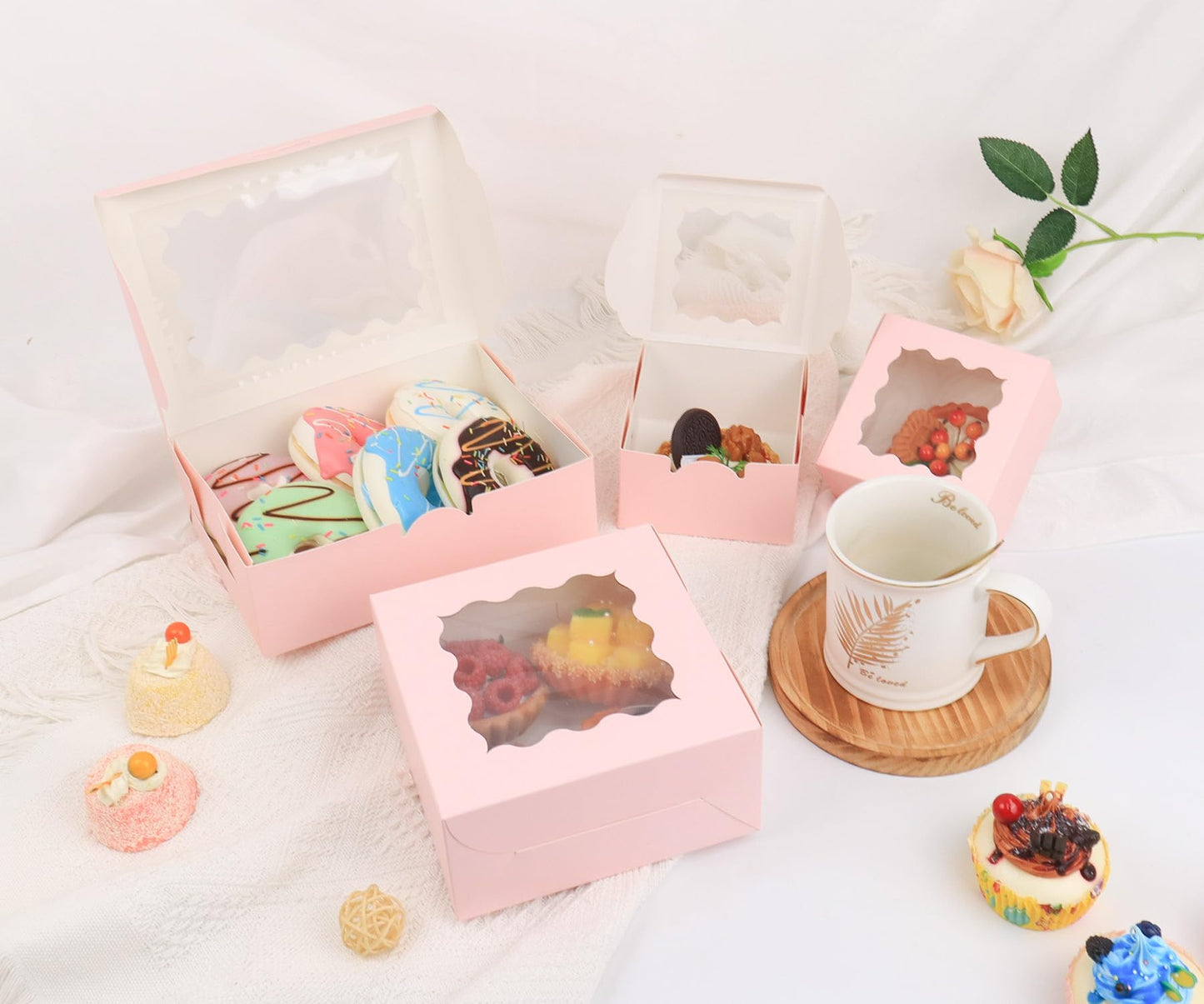 TryDrem 50Pcs 4x4x2.5 Pink Cookie Boxes, Bakery Boxes for Baked Goods, Cookies, Pastry, Strawberries, Macarons