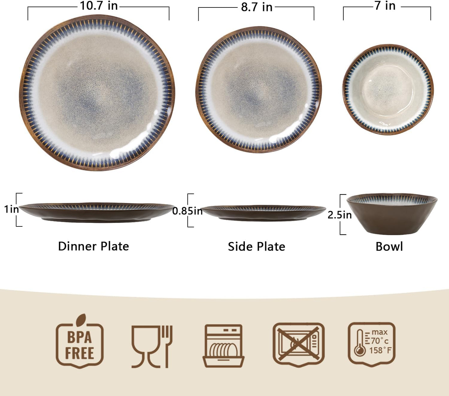 Melamine Dinnerware Set, 12 Pcs Dishware Sets, Plate and Bowl Set Service for 4, Lightweight and Unbreakable Dinnerware Sets for Camping, Great for RV, Dishwasher Safe, Sahara Beige and Blue