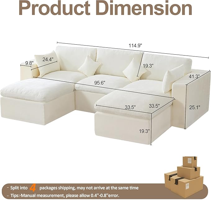 115'' Cloud Boneless Sectional Couch, Modular Sectional Sofa Deep Seat with 2 Ottomans, Oversized Upholstered Convertible Comfy 5 Seater Chenille Sofa U Shape Couches for Living Room, Beige