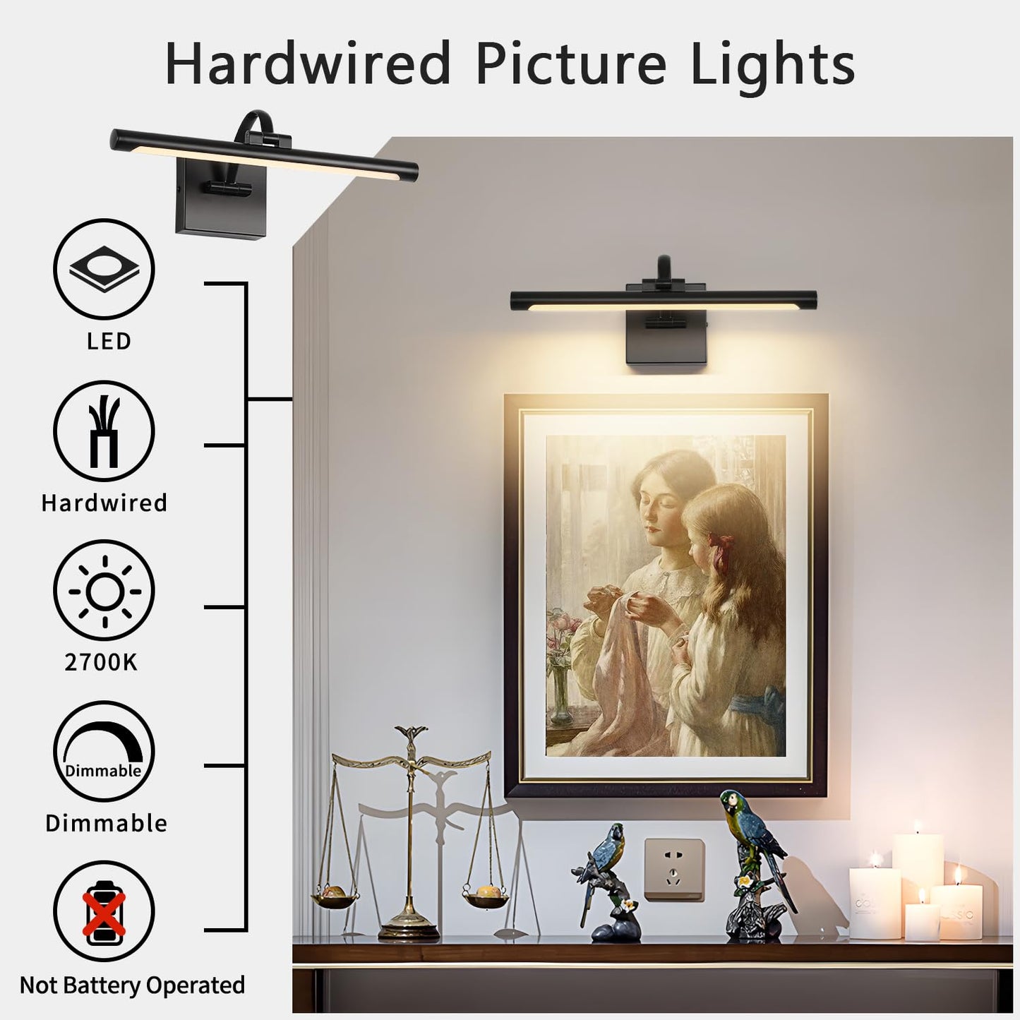 DESOOP Black Picture Lights for Wall Dimmable Art Lights for Paintings Hard-Wired LED Painting Light Gallery Light for Portrait, Artwork, Frame 15.75 Inch 7W Warm White