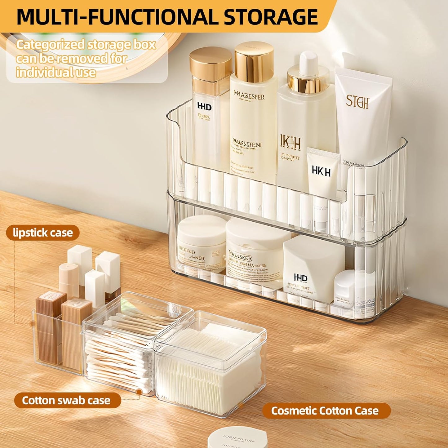 2-Tier Stackable Medicine Cabinet Organizer, Narrow Bathroom Makeup Organizer with Lipstick Holders & Cotton Swab Cases, Clear Countertop Shelf for Mirror Cabinet and Vanity