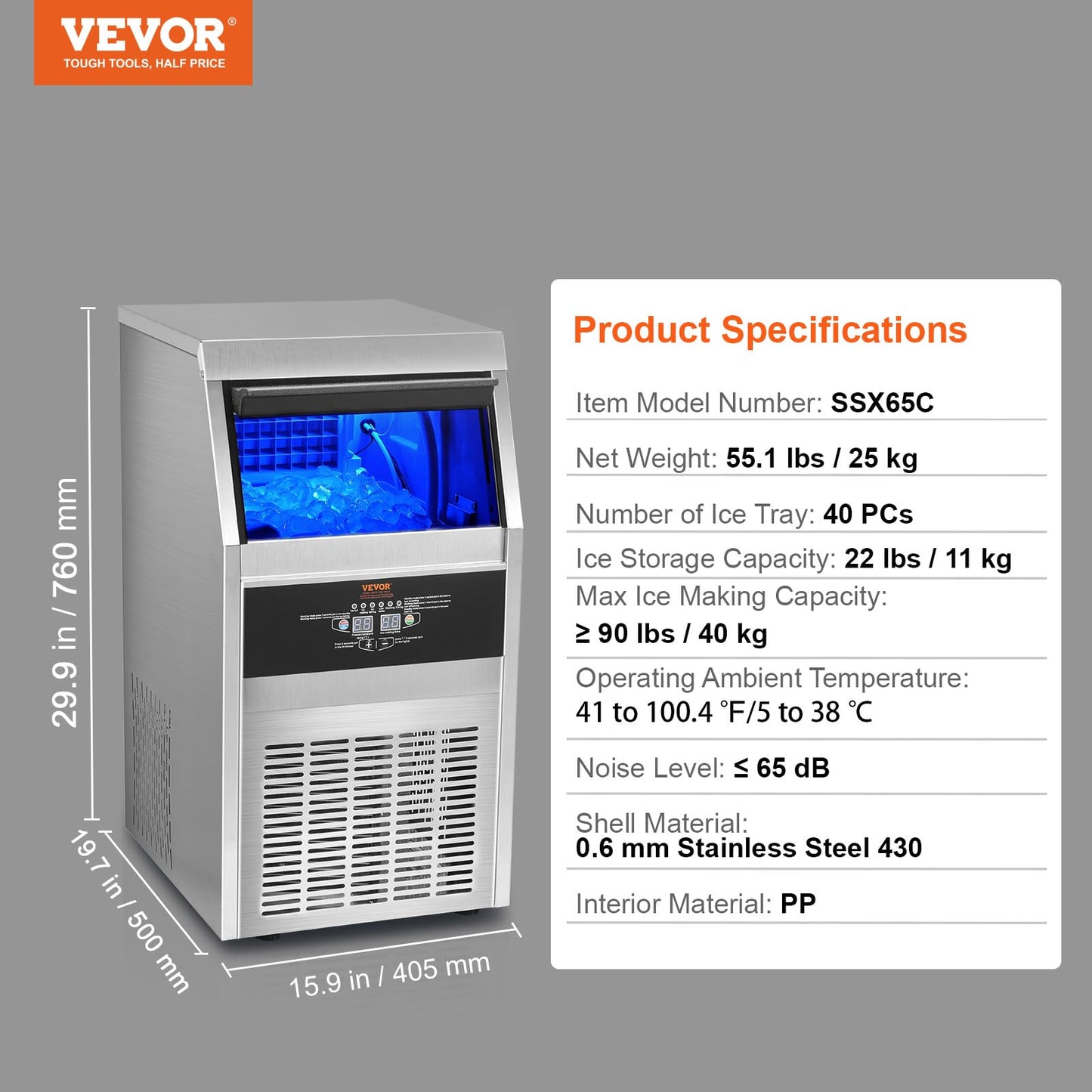 VEVOR Commercial Ice Maker Machine, 90LBS/24H Ice Machine with 22lbs Storage Capacity, 40 Ice Cubes Ready in 12-15 Minutes, Ice Maker Machine for Bar Home Office Restaurant