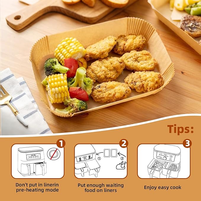 HONYAO Air Fryer Paper Liners for Dual Zone Airfryer, 8.1x5.5 inch Rectangle Disposable Baking Inserts for Ninja Foodi DZ201/401, 8-10 Quart Double Basket Food Grade Accessories BPA free