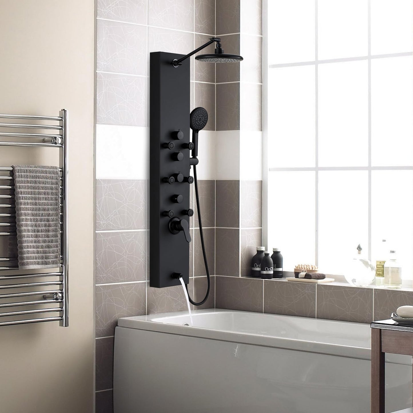 ROVOGO Shower Panel Tower System, 4-Function (Rain Shower, Handheld Sprayer, Body Jets, Tub Spout) with Simultaneous Use Option, Stainless Steel Shower Column with Adjustable Head, Black