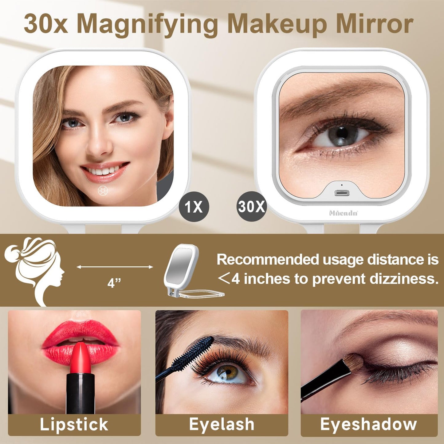 Mocado Compact Travel Makeup Mirror, 1X/30X Magnifying Mirror with Light, Double Sides Compact Mirror with 3 Color Light, Dimmab