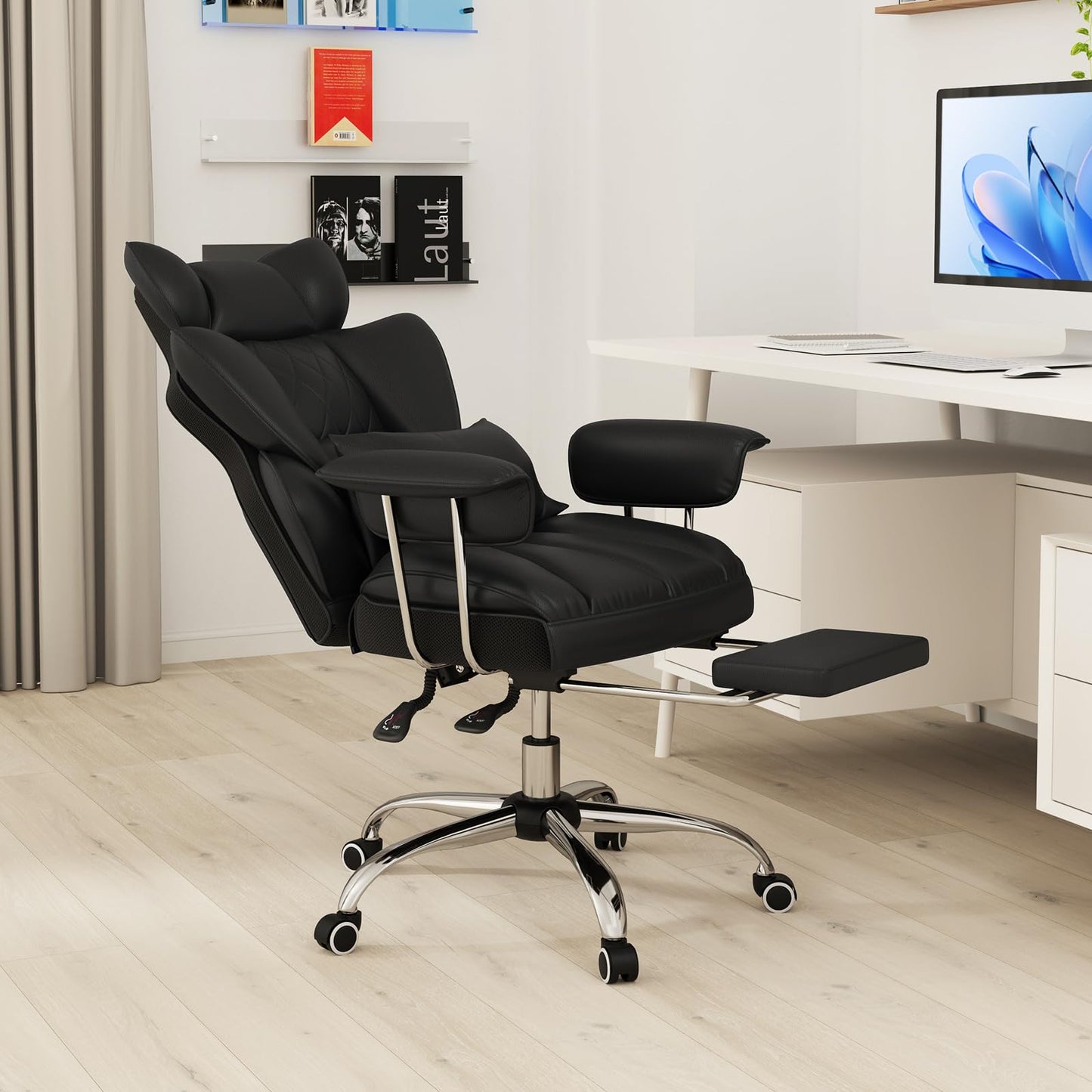 Giantex Office Desk Chair, Big and Tall Executive Office Chair with Foot Rest and Lumbar Support, High Back Leather Swivel Computer Task Chair, Large Ergonomic Reclining Home Office Chair, Black