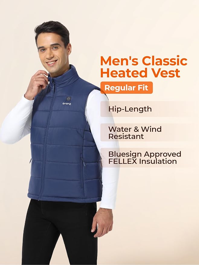 ORORO Men's Lightweight Heated Vest with USB-C Rechargeable Battery, Puffer Classic Heating Vest