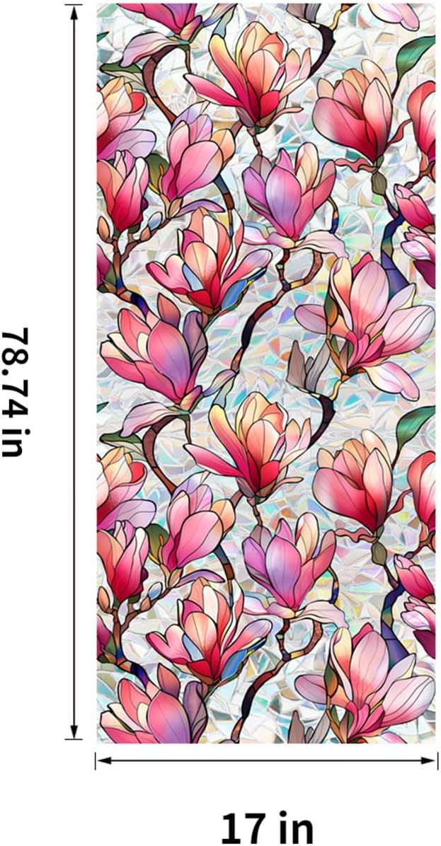 Stained Glass Window Film UV Resistant Window Privacy Film Pink Floral Privacy Rainbow Decals Living Room Bedroom Sun Blocking Decor Removable Static Cling Stickers 17 x 78.74 Inch