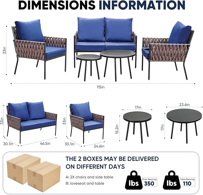 SunloungeCo Patio Furniture Set, 5-Piece Wider Outdoor Metal Seating Sofa with High Back & Lovsest, Coffee Ta ble, All Weather Rattan Conversation for Garden,Backyard, Poolside-Navy