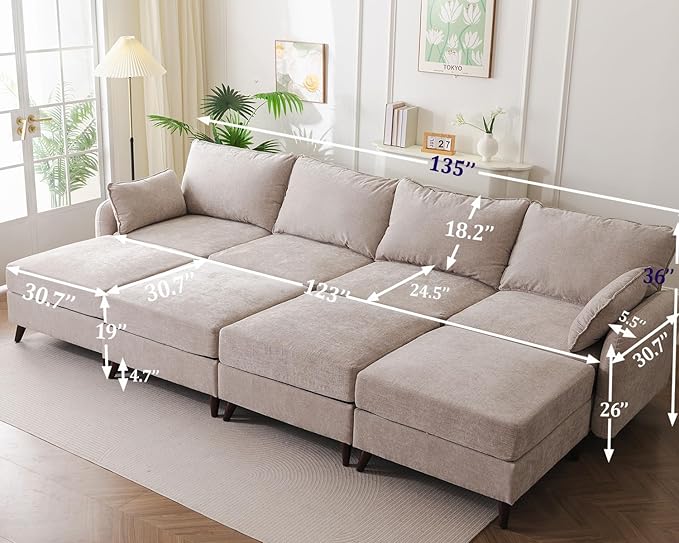 Rexulqo 135'' Modular Sectional Sofa with All Seats Storage, Oversized Sleeper Sofa Bed for Living Room,4-Seater Comfy Cloud Couches with Movable Ottoman,Big Sectional for Bedroom,Velet,Khaki