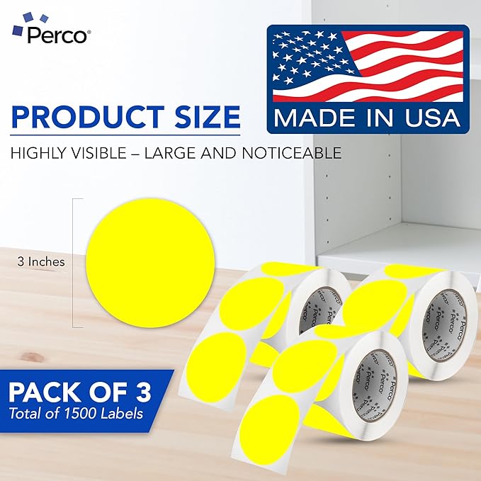 Perco Fluorescent Yellow 3-Inch Round Circle Dot Sticker Labels - Multi-Roll Pack (3 Rolls, 500 Labels Each) - Permanent Adhesive, Vibrant Colors, Strong Hold - Perforated for Easy Use - Made in USA