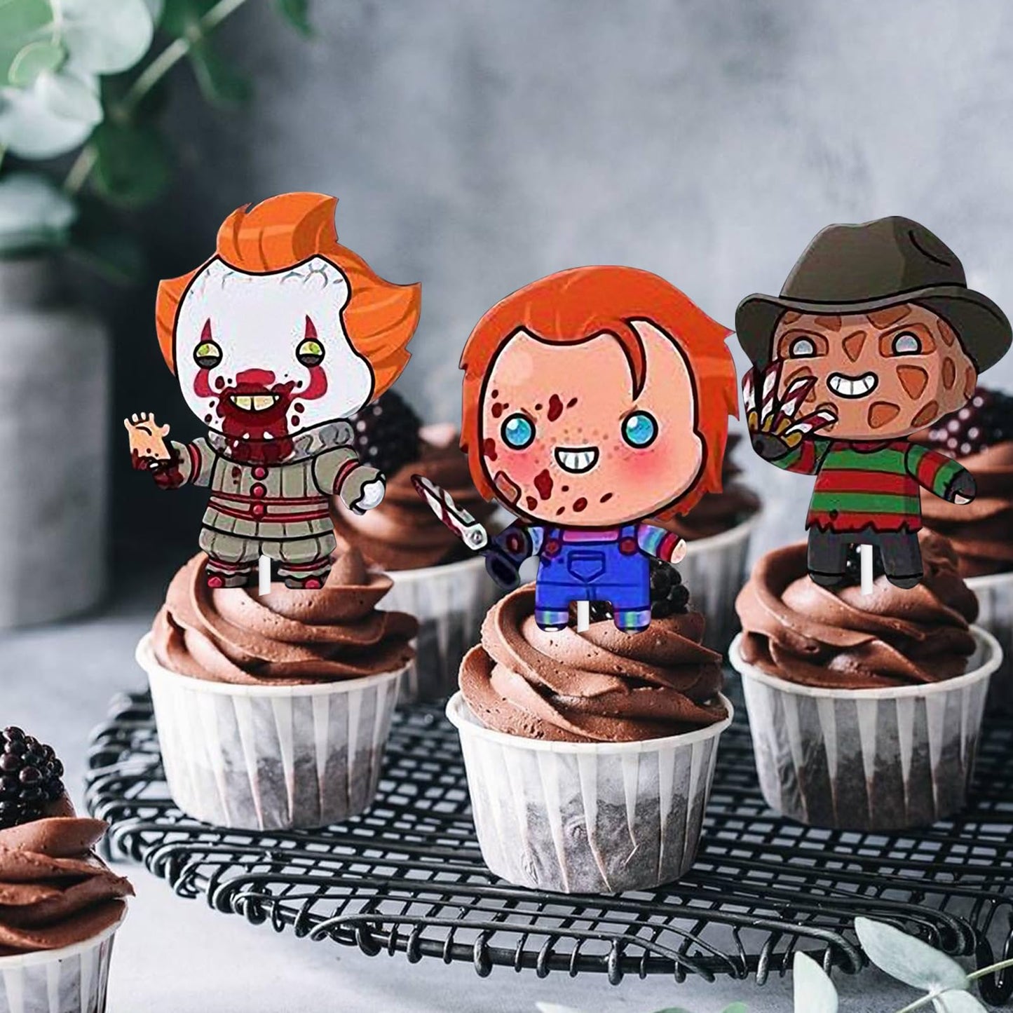 Pazwifa Cupcake Topper Halloween Fantasy Horror Movie Theme Supplies Decor Children Boys Girls Happy Birthday Anniversary Party Decorations Decor 18pcs Glitter