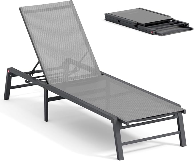 FHVIT Aluminum Chaise Lounge Chair Outdoor, Foldable Patio Lounge Chair Assemble-Free, Pool Lounge Chairs with 5 Adjustable Backrest, Outdoor Lounge Chairs for Outside Poolside Beach Lawn Grey