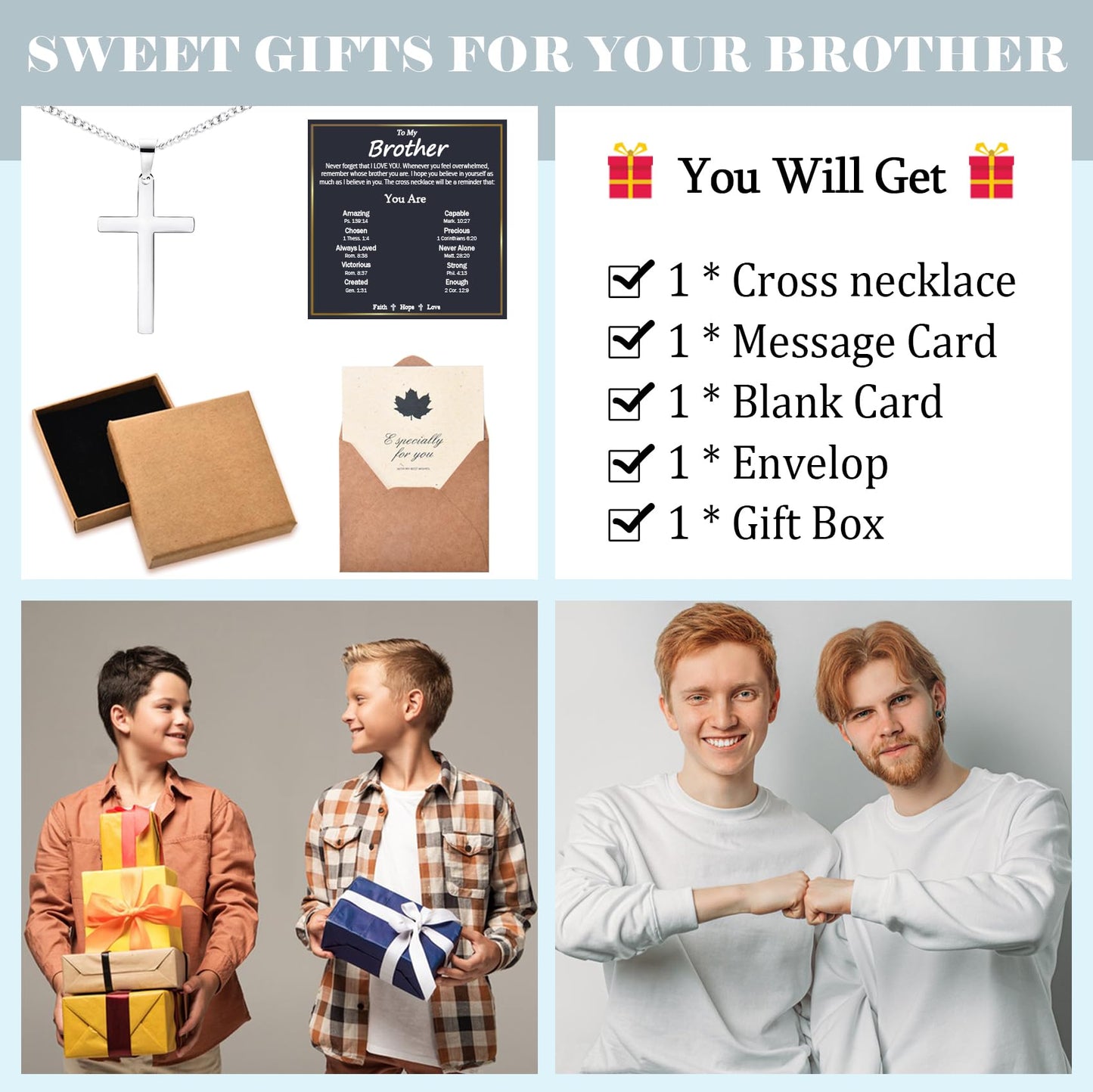 EPIRORA Cross Necklace Gifts for Brother, Stainless Steel Cross Necklace Cuban Chain Pendant Necklace for Men Boys, Birthday Christmas Presents Best To My Brother Gifts