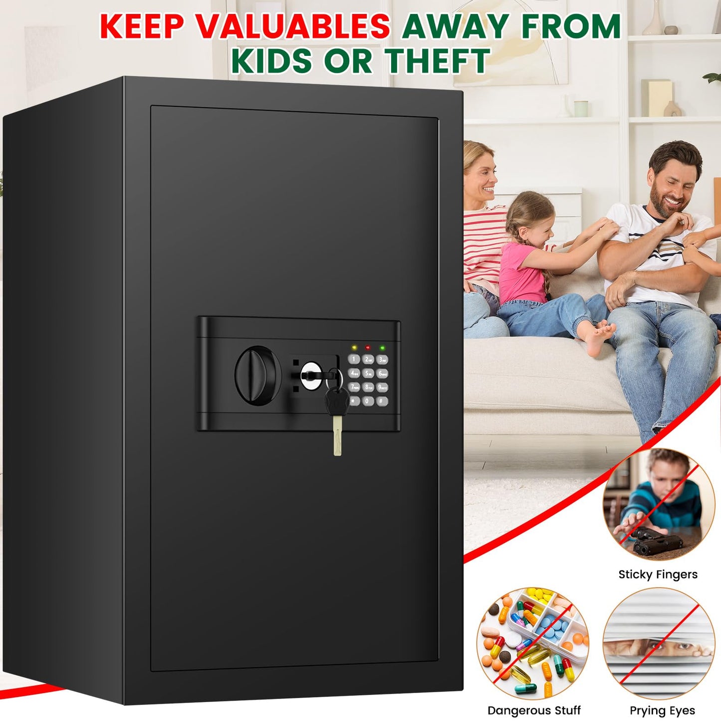 Large Safe, 7.0 Cuft Safe Box With Fireproof Waterproof Letter Bag, Anti-theft Home Safes with Digital Keypad, Spare Key, 3 Removable Shelves, Alert System, Document Safes for Home Business Valuables