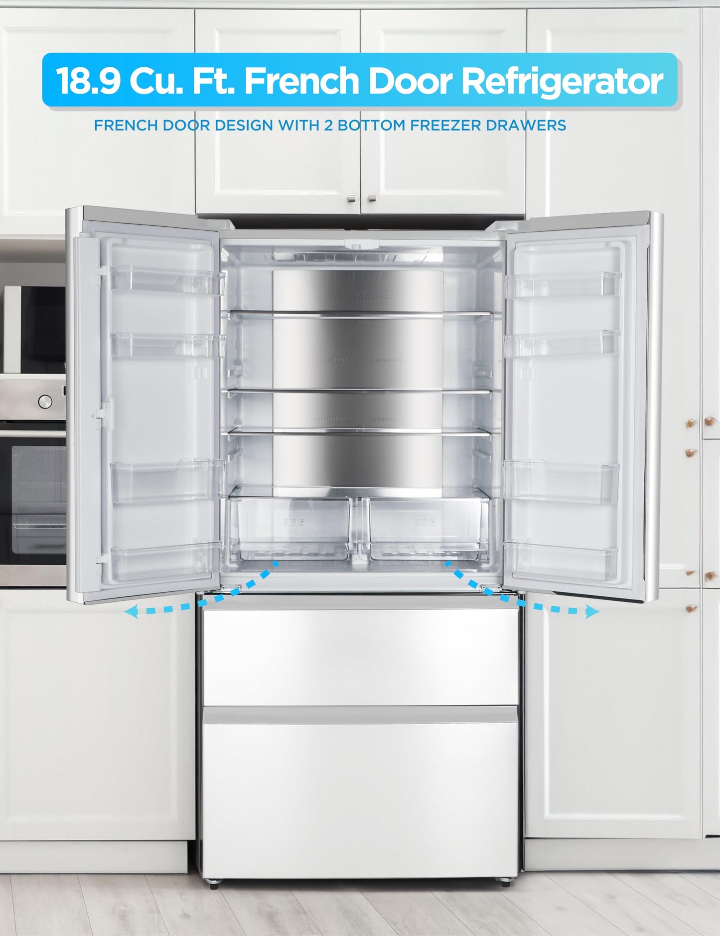 Commercial Cool 18.9 Cu. Ft. French Door Refrigerator, 33 Inch Wide Refrigerator with 2 Bottom Mount Freezer Drawers, Frost Free, LED Lighting, Digital Temperature Control, CCRF1890KW, White