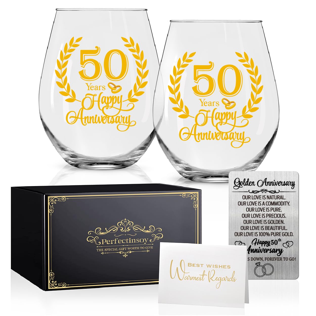 Perfectinsoy 50 Years Happy Anniversary Wine Glasses Set of 2 with Metallic Memorial Card, 50th Anniversary Birthday Gifts for Parents, Wife, Soulmate, Couple, Funny 50 Years Milestone Gift