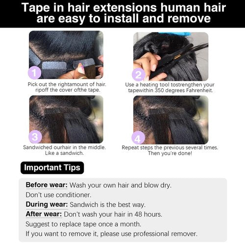 Liqusee Kinky Straight Tape In Hair Extensions Human Hair 100% Remy Hair Natural Black 26 inch 20pcs 50g/Pack Double Sided Seamless Skin Weft Tape ins Real Human Hair Extensions for Black Women