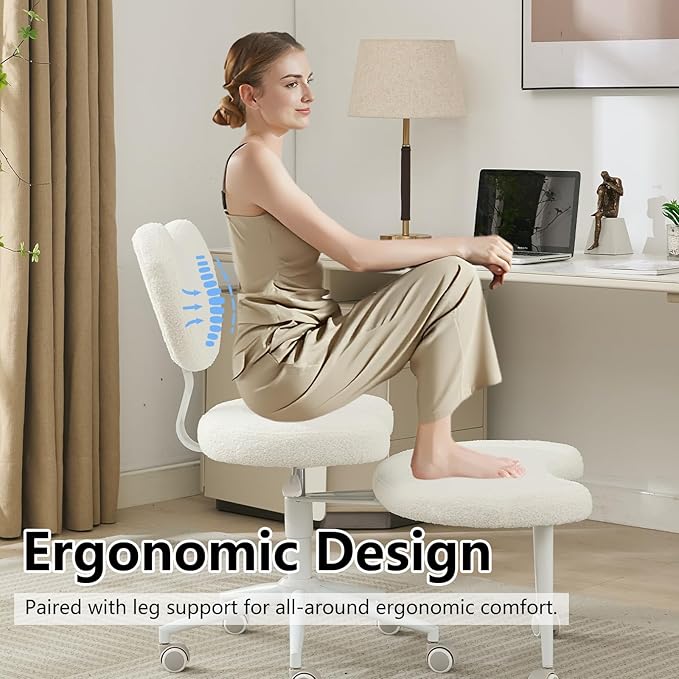 Cross Legged Office Chair with Wheels–360°Swivel Meditation Chair, Adjustable Height Yoga Office Chair for Adults, Ergonomic Kneeling Chair with Back Support for ADHD, Teddy Fabric, Ivory