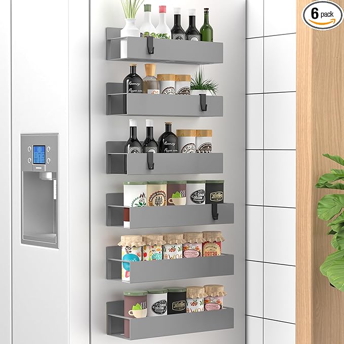 6 Pack Magnetic Spice Storage Rack Organizer for Refrigerator and Oven, Gray Fridge Organizers and Storage