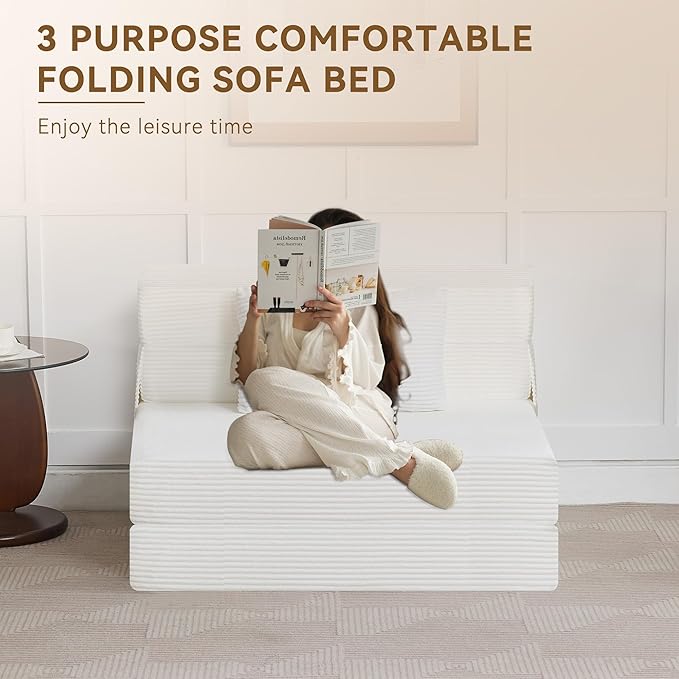 WUTUTUEE Folding Sofa Bed Convertible Floor Couch Foldable Chair Bed with Pillow，Linen Sleeper Chair Futon,Foldable Memory Foam Mattress for Bedroom/Living Room/Dorm/Office (Corduroy White, Standard)