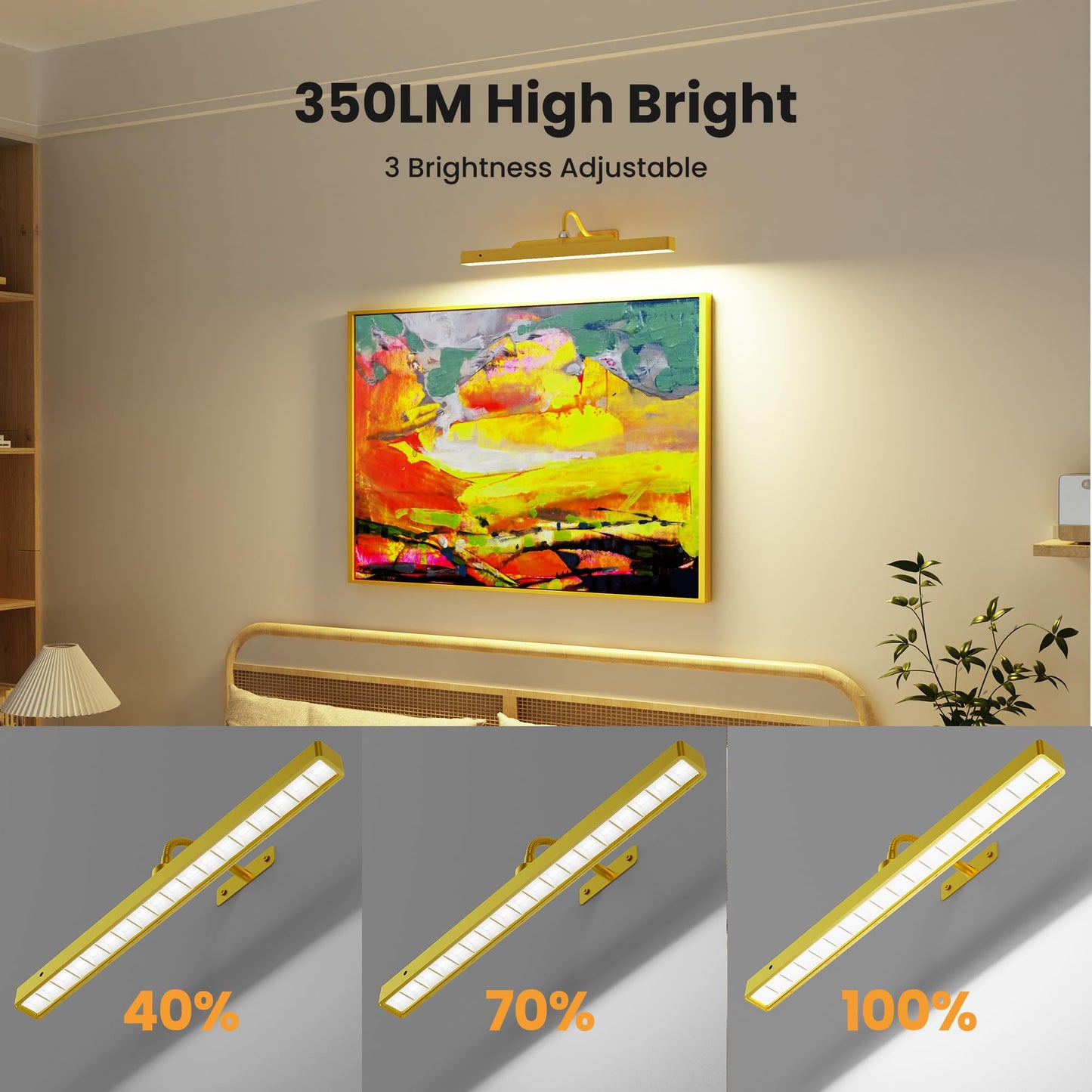 Craftersmark Picture Light Gold 2Pack, 5000mAh Battery Opertated Cordless Picture Lights for Wall, 16in CCT Dimmable with Touch Control for Wall Painting,Frame, Portrait, Dartboard