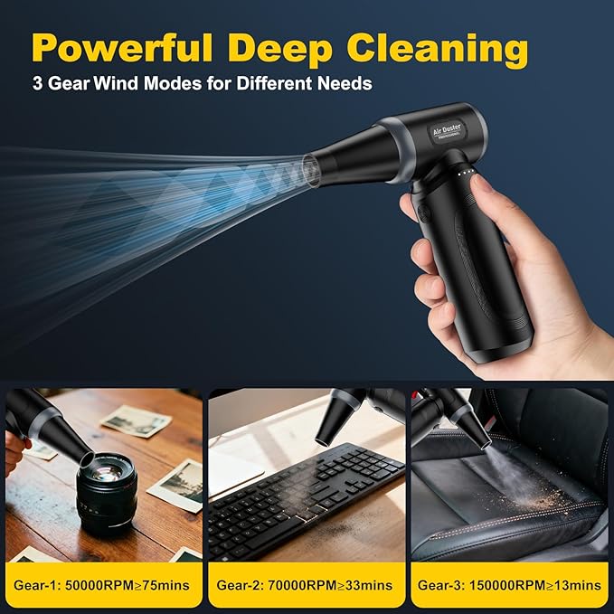 Electric Air Duster,150000 RPM Compressed Air Duster for Cleaning,3-Gear Adjustable Cordless Mini Blower with Fast Charging,Jet Dry Blower Air Duster for Computer, Keyboard, House, Outdoor and Car