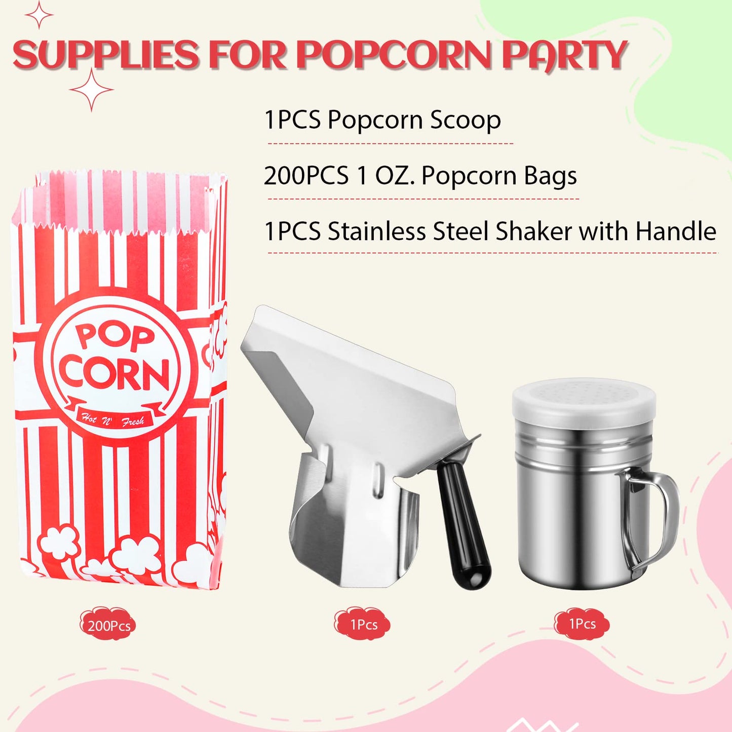 Essenya 202 Pcs Popcorn Bags with Popcorn Scoop and Salt Shaker,1 oz Small Pop Corn Bags Popcorn Bags Individual Servings for Popcorn Machine Supplies Party Movie Night Theater