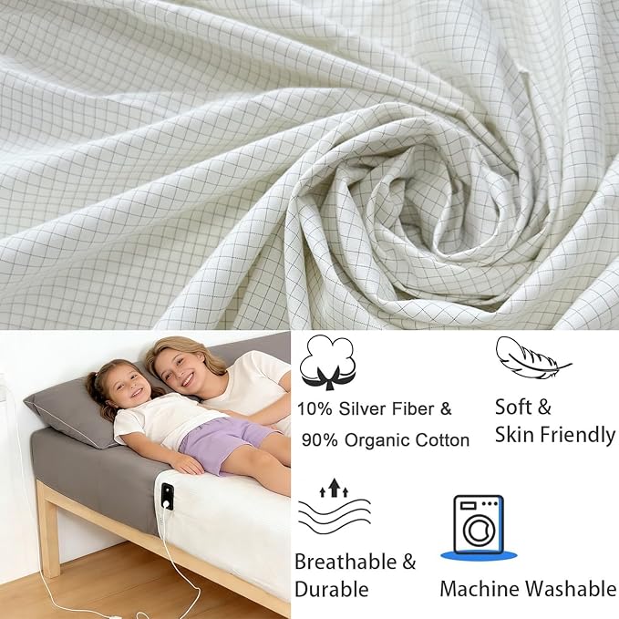 EMIKITS Grounding Sheets 27"x105" Fits All Mattress Sizes, Upgraded 10% Conductive Silver Fiber, 90% Organic Cotton for Improved Sleep, Square Grid White Grounded Half Flat Sheet