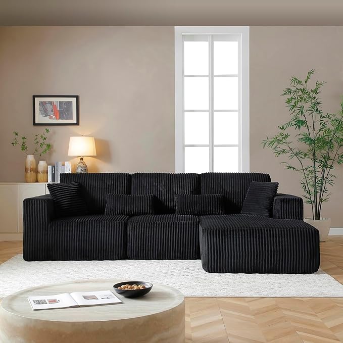 Vanress 110" Cloud Couch Sectional, Corduroy Boneless Couch with L-Shape Chaise,Modern Modular Sectional Sofa Comfy Deep Seat for Living Room, Bedroom, No Assembly (Black, Right Facing Chaise)
