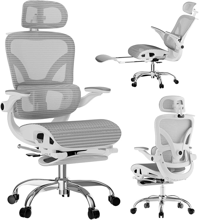 Alllion Ergonomic Mesh Office Chair, Home Desk Chair Comfy High Back with Adjustable Lumbar Support, 3D Headrest, Flip-up Arms, Big and Tall Reclining Computer Gaming Chairs for Men Women, Grey