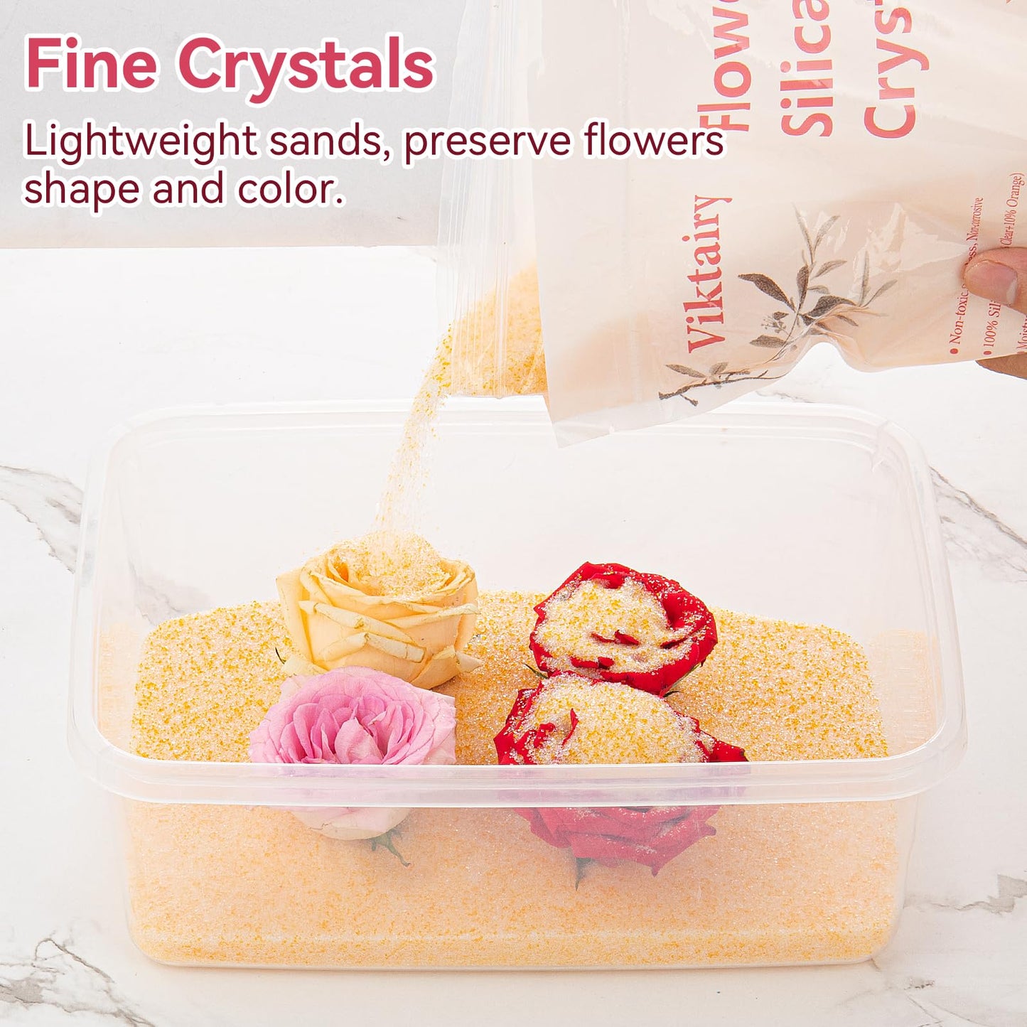 Silica Gel Flower Drying Crystals 5LBS, Reusable Color Indicating Flower Drying Silica with Airtight Container and Brush, DIY Wedding Bouquet Flower Preservation Kit, Fine Bead Size<1mm