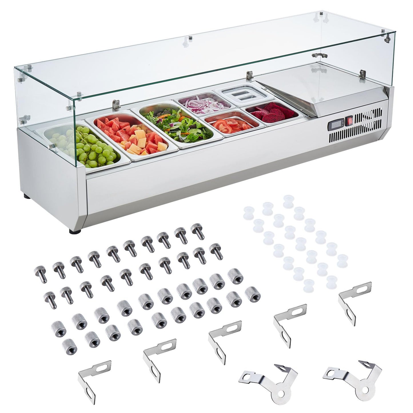 VEVOR Condiment Prep Rail Station, 140 W Countertop Refrigerated Condiment Station, with 3 1/3 4 1/6 Pans, 304 Stainless Body and PC Lid, Sandwich Prep Table with Glass Guard, ETL, Silver