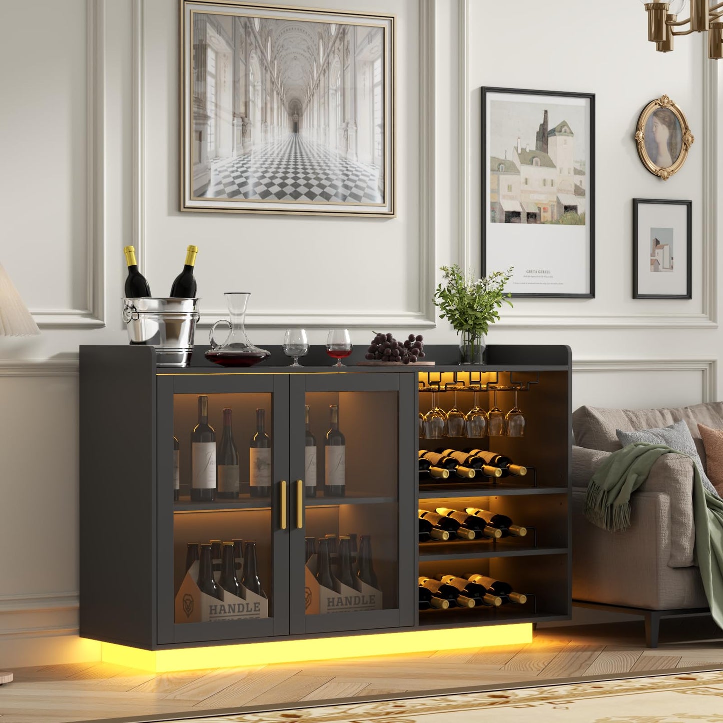 Loomie Wine Bar Cabinet with LED Lights, Floating Coffee Bar with Glass Rack and Removable Wine Racks, Modern Buffet Sideboard with Storage Shelves, Kithchen Bar with Glass Cabinet Doors, Black