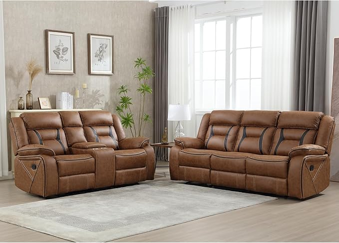 EBELLO Manual Recliner Sofa Set, Faux Leather Reclining Living Room Furniture Set, Included Loveseat and 3 Seat Manual Recliner Sofa, Brown(Loveseat+Sofa)