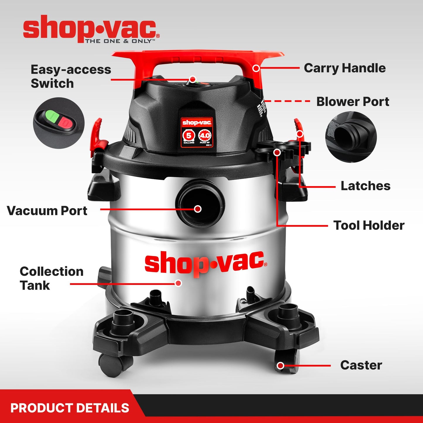 Shop-Vac 5430162 Wet/Dry Vacuum, 5 Gallon, 4 Peak HP, 1-1/4 Inch Diameter x 7 Foot Hose, 6 Foot Cord, Ideal for Jobsite, Garage, Workshop & Home