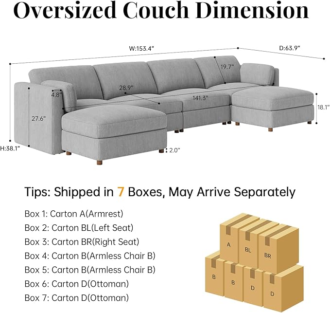 CUGOAO 153.4'' Modular Sectional Sofa, Oversized U-Shaped Sectional Couch with Ottoman, Deep Seat Chenille Cloud Couch, Mordern Upholstered Couches for Living Room, Apartment, Office, Grey