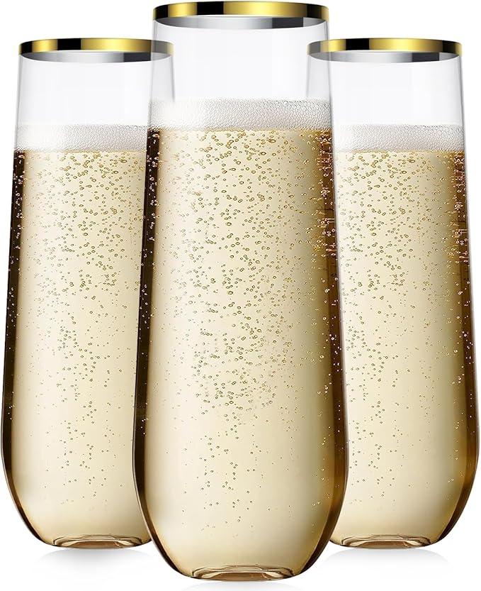 Maaacute 24 Pcak Champagne Flutes Plastic, 9 Oz Disposable Stemless Mimosa Gold Rim Toasting Glasses, Clear Crystal Plasti...