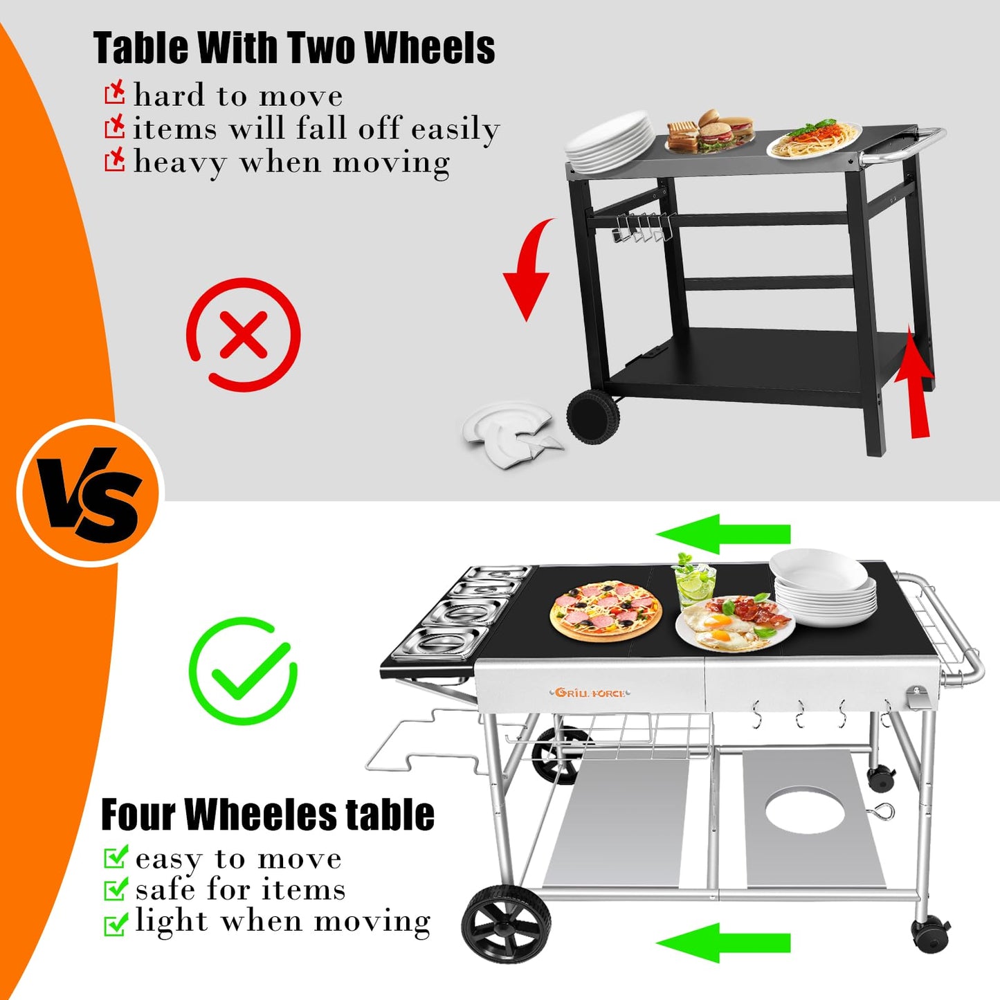 GRILL FORCE Pizza Oven Table with Topping Station, Outdoor Pizza Oven Cart, Grill Table for Outside, Grill Cart, Food Prep Work cart Fits for Ninja Woodfire Grill, Blackstone Griddle,Tabletop Grill