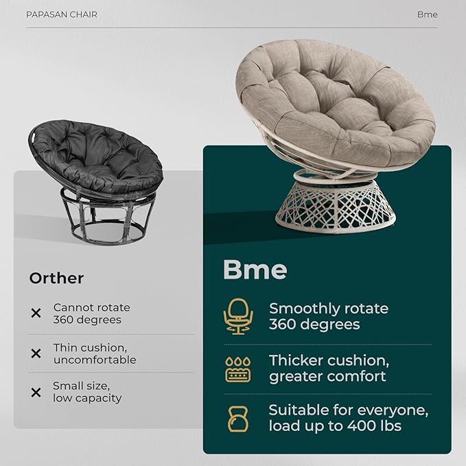 Bme 40" Ergonomic Wicker Papasan Chair with Soft Thick Cushion & Frame, 360° Swivel, Circle, Reading, Comfy Chair for Living Room, Bedroom