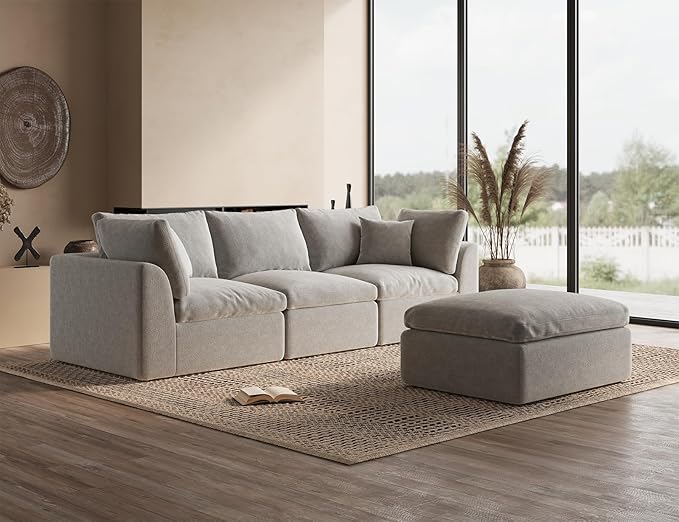 ohllob 110" Cloud Sectional Couches for Living Room, Boneless L-Shape Couch with Ottoman, 3 Seater Modular Sectional Sofa, Light Grey