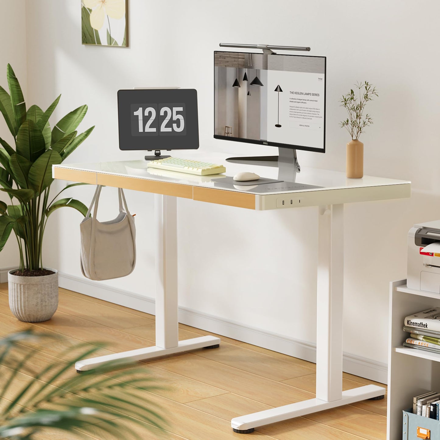 Claiks Touch Screen Glass Standing Desk with Drawers and USB Ports, 48×24 Inch Adjustable Stand Up Desk, Quick Install Home Office Glass Top Computer Desks, White