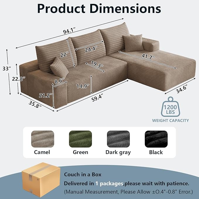 95" Cloud Sectional Couch with L-Shape Chaise, Modern Corduroy Boneless Couch for Living Room,Memory Foam Sofa with Deep Seat,No Assembly Required (Dark Camel,Right-Facing Chaise)
